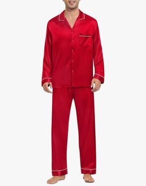 SWOMOG Mens Silk Pajamas Set Satin Long Sleeve Button Down 2 PCS Size M (C175)